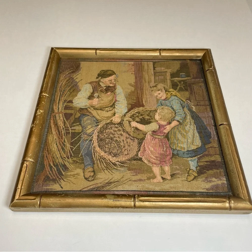 Vintage Framed Art European Fine Tapestry Children and Basket Weaver 11